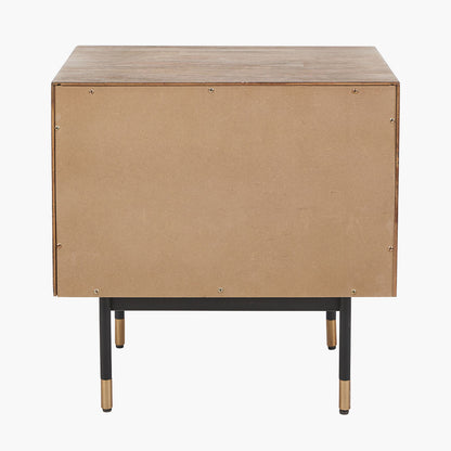 Shop the Arte Bedside Unit in dark brown acacia wood with etched detailing and sleek black metal legs, one drawer and open niche offer ample storage for essentials. Shop online today at www.nobleandnook.co.uk