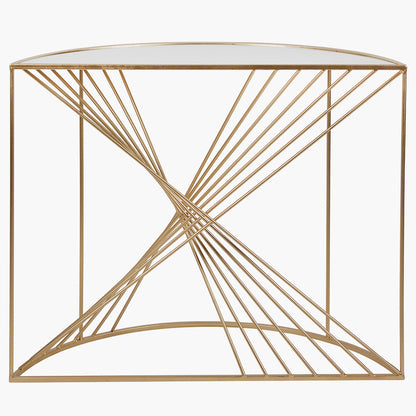 An Elegant Half Moon shape, perfect for hallways, entryways, or living rooms. Gold Metal Frame with Twisted Detailing with tempered glass top. Available at www.nobleandnook.co.uk