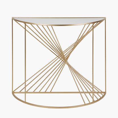 An Elegant Half Moon shape, perfect for hallways, entryways, or living rooms. Gold Metal Frame with Twisted Detailing with tempered glass top. Available at www.nobleandnook.co.uk
