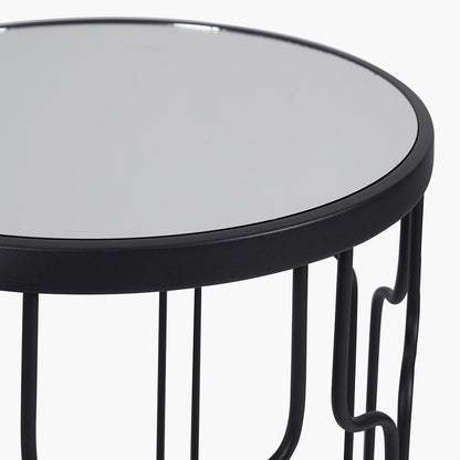 Set of Two Elegant Art Deco Design Side Tables – Includes one large and one small table for versatile styling. Black metal frames with circular silhouettes and mirrored glass tops. Available at www.nobleandnook.co.uk