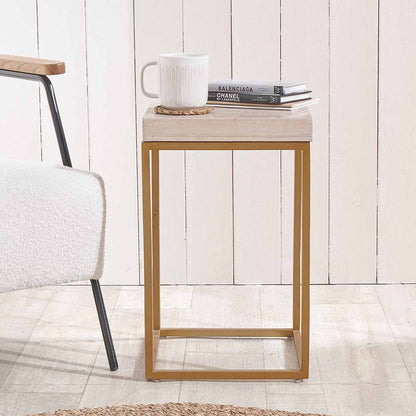 Shop the Madison side table, a contemporary design with warm burnished gold legs and a beige granite top. A luxurious addition to your home decor. Shop online today at www.nobleandnook.co.uk