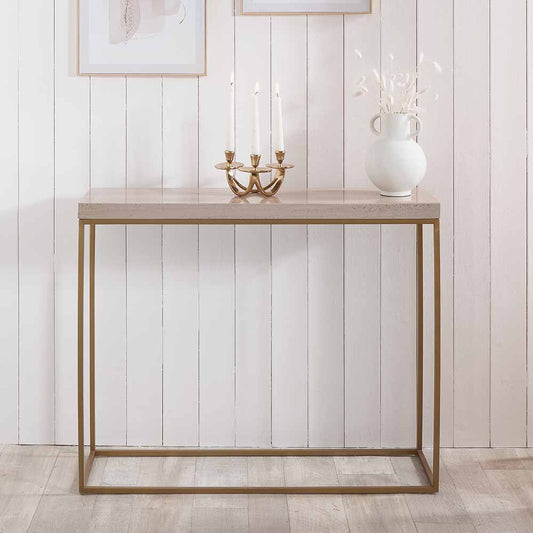 Shop the stunning Madison Beige Granite and Burnished Gold Metal Console Table is expertly crafted to be a sleek and modern addition to your home. Shop online now at www.nobleandnook.co.uk