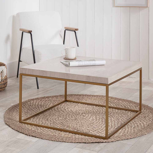 Shop the Madison Beige Granite and Burnished Gold Metal Square Coffee Table, a sophisticated and exclusive addition to your living room. Shop online now at www.nobleandnook.co.uk