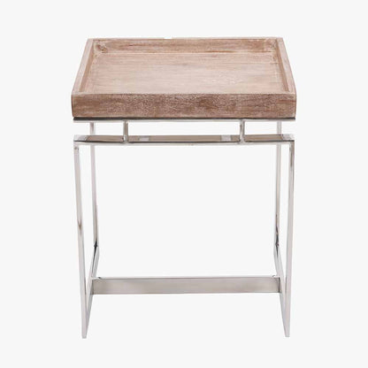 Shop the Evelyn Side Table, featuring a hand-finished antique mango wood top and a polished stainless steel frame. Dimensions W46xD46xH55cm. Shop online today at www.nobleandnook.co.uk