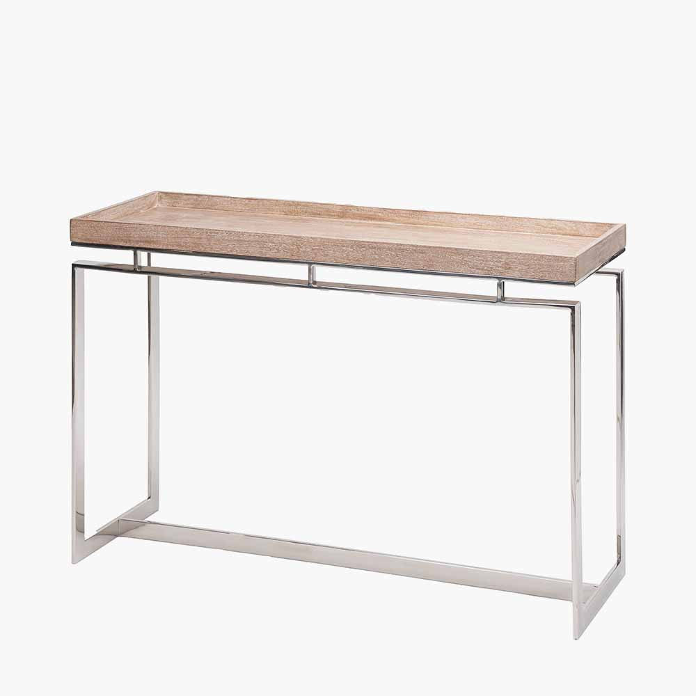 Crafted from Solid Mango Wood with Polished Silver Metal Frame. W115 x D38 x H80 cm. Perfect for hallways, living rooms, or dining spaces. Shop online today at www.nobleandnook.co.uk