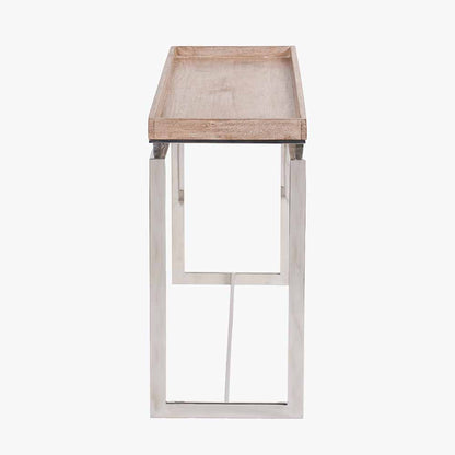 Crafted from Solid Mango Wood with Polished Silver Metal Frame. W115 x D38 x H80 cm. Perfect for hallways, living rooms, or dining spaces. Shop online today at www.nobleandnook.co.uk