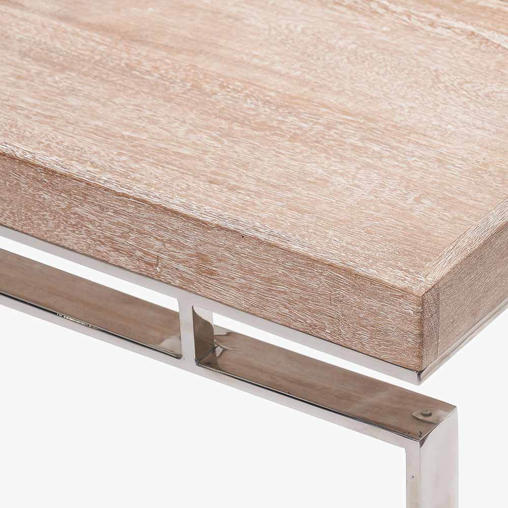 Crafted from Solid Mango Wood with Polished Silver Metal Frame. W115 x D38 x H80 cm. Perfect for hallways, living rooms, or dining spaces. Shop online today at www.nobleandnook.co.uk