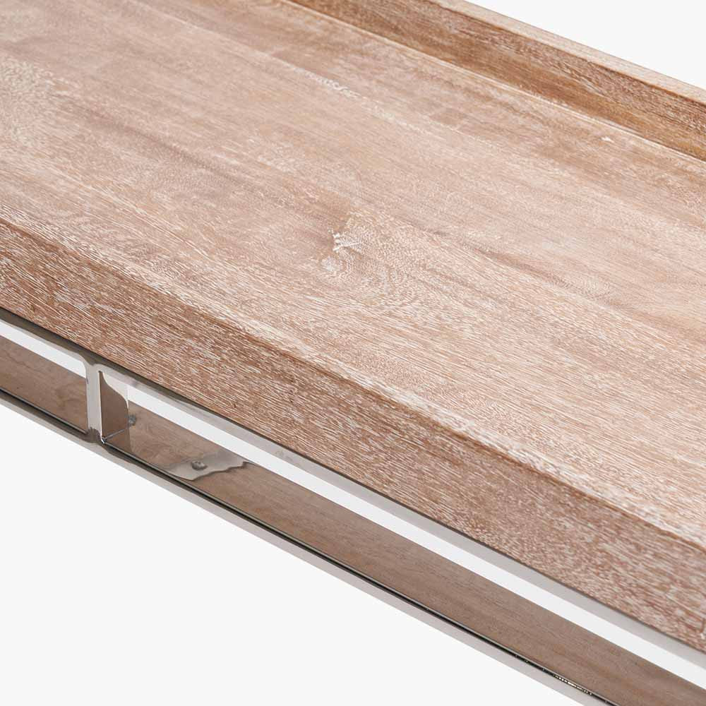 Crafted from Solid Mango Wood with Polished Silver Metal Frame. W115 x D38 x H80 cm. Perfect for hallways, living rooms, or dining spaces. Shop online today at www.nobleandnook.co.uk