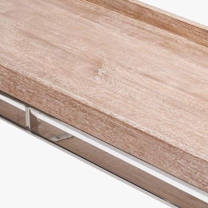Crafted from Solid Mango Wood with Polished Silver Metal Frame. W115 x D38 x H80 cm. Perfect for hallways, living rooms, or dining spaces. Shop online today at www.nobleandnook.co.uk