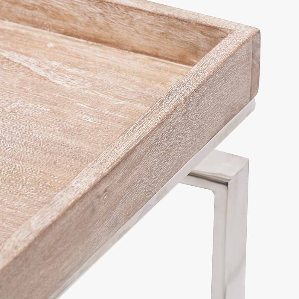 Crafted from Solid Mango Wood with Polished Silver Metal Frame. W115 x D38 x H80 cm. Perfect for hallways, living rooms, or dining spaces. Shop online today at www.nobleandnook.co.uk