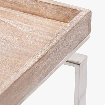 Crafted from Solid Mango Wood with Polished Silver Metal Frame. W115 x D38 x H80 cm. Perfect for hallways, living rooms, or dining spaces. Shop online today at www.nobleandnook.co.uk