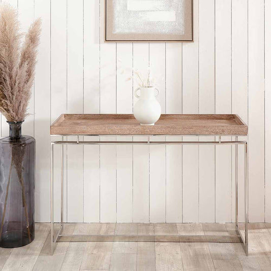 Crafted from Solid Mango Wood with Polished Silver Metal Frame. W115 x D38 x H80 cm. Perfect for hallways, living rooms, or dining spaces. Shop online today at www.nobleandnook.co.uk