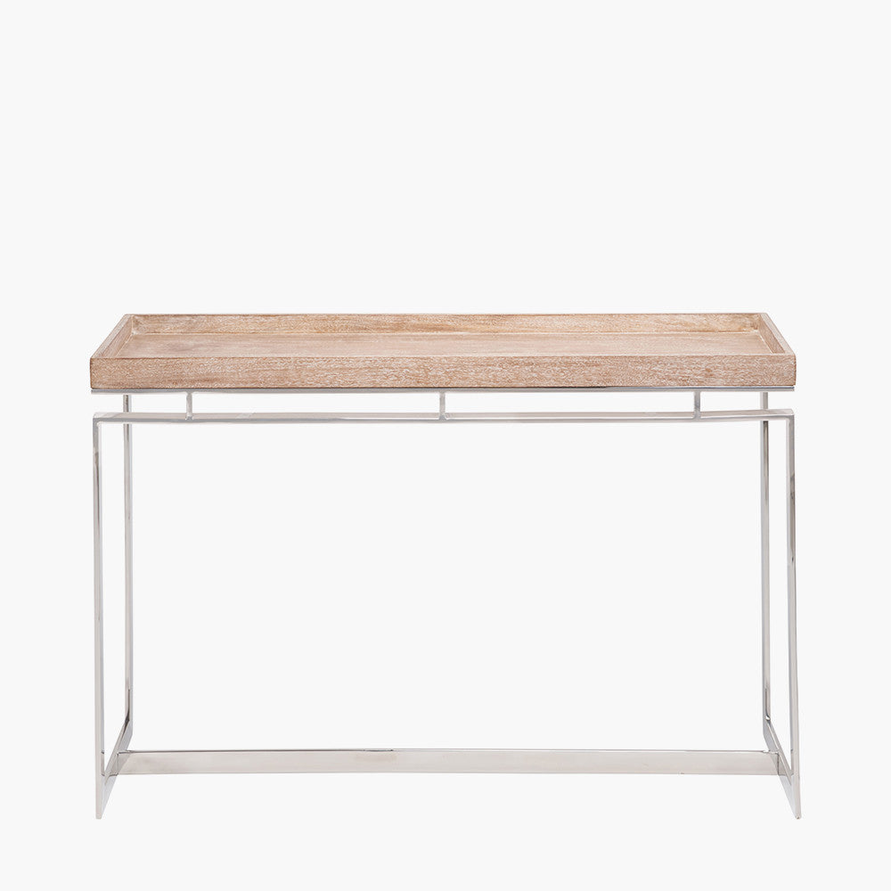 Crafted from Solid Mango Wood with Polished Silver Metal Frame. W115 x D38 x H80 cm. Perfect for hallways, living rooms, or dining spaces. Shop online today at www.nobleandnook.co.uk