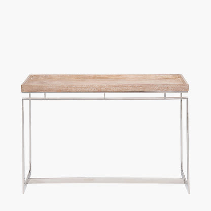 Crafted from Solid Mango Wood with Polished Silver Metal Frame. W115 x D38 x H80 cm. Perfect for hallways, living rooms, or dining spaces. Shop online today at www.nobleandnook.co.uk