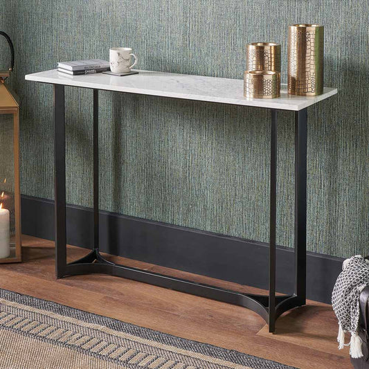 Shop this Black Metal and Genuine White Marble Top Console Table. Ideal for hallways, entrance halls, Living rooms and dining spaces. Dimensions W112xD36xH78cm. Shop online today at www.nobleandnook.co.uk