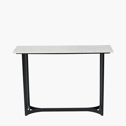 Shop this Black Metal and Genuine White Marble Top Console Table. Ideal for hallways, entrance halls, Living rooms and dining spaces. Dimensions W112xD36xH78cm. Shop online today at www.nobleandnook.co.uk