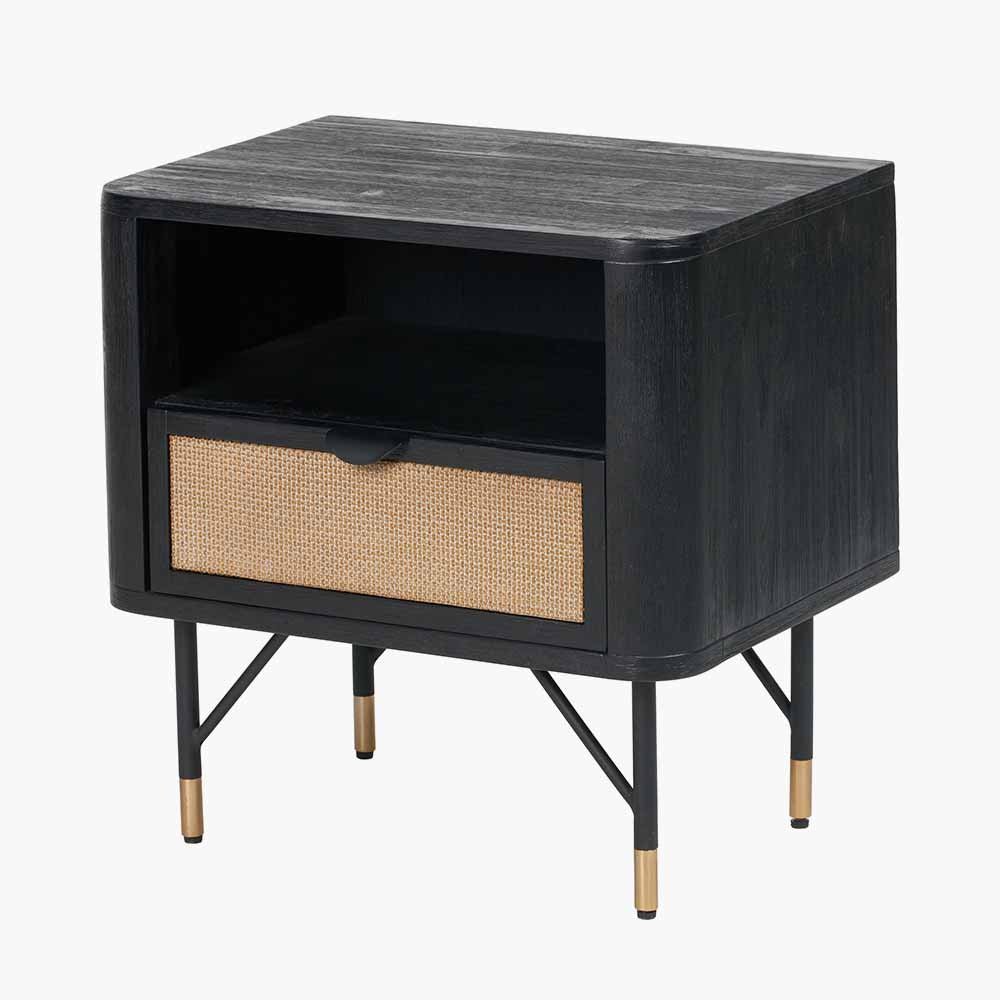 Fiji Black Acacia & Rattan Bedside Table | 1 Drawer 1 Shelf Unit