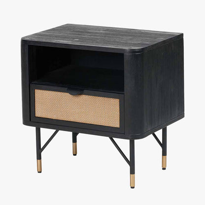 Fiji Black Acacia & Rattan Bedside Table | 1 Drawer 1 Shelf Unit