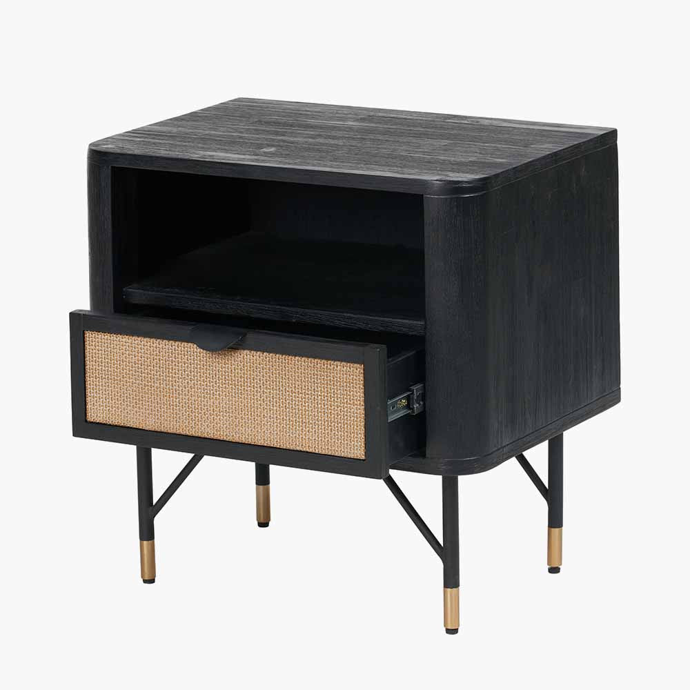 Fiji Black Acacia & Rattan Bedside Table | 1 Drawer 1 Shelf Unit