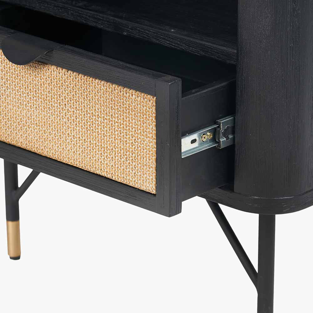 Fiji Black Acacia & Rattan Bedside Table | 1 Drawer 1 Shelf Unit