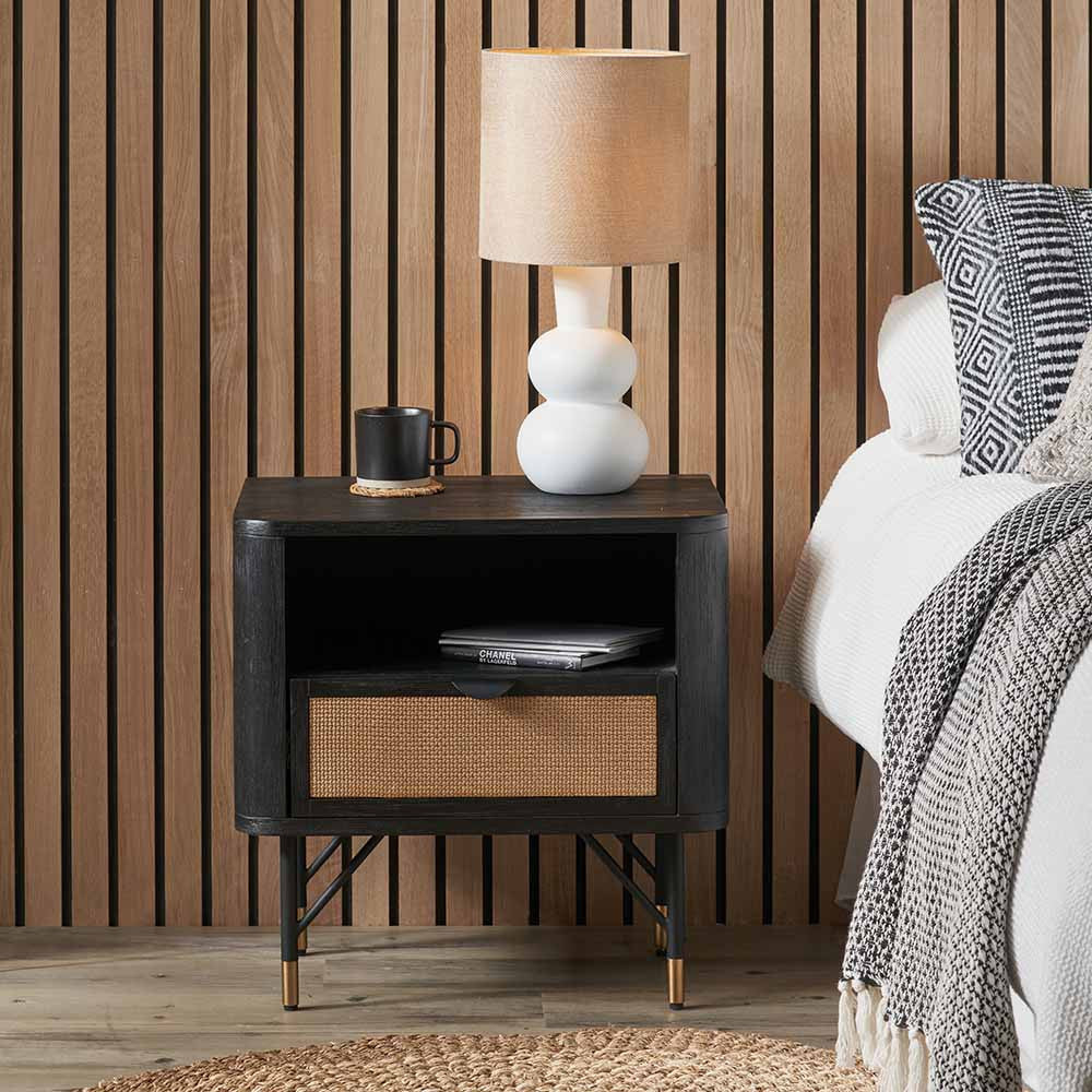 Fiji Black Acacia & Rattan Bedside Table | 1 Drawer 1 Shelf Unit