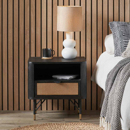 Fiji Black Acacia & Rattan Bedside Table | 1 Drawer 1 Shelf Unit