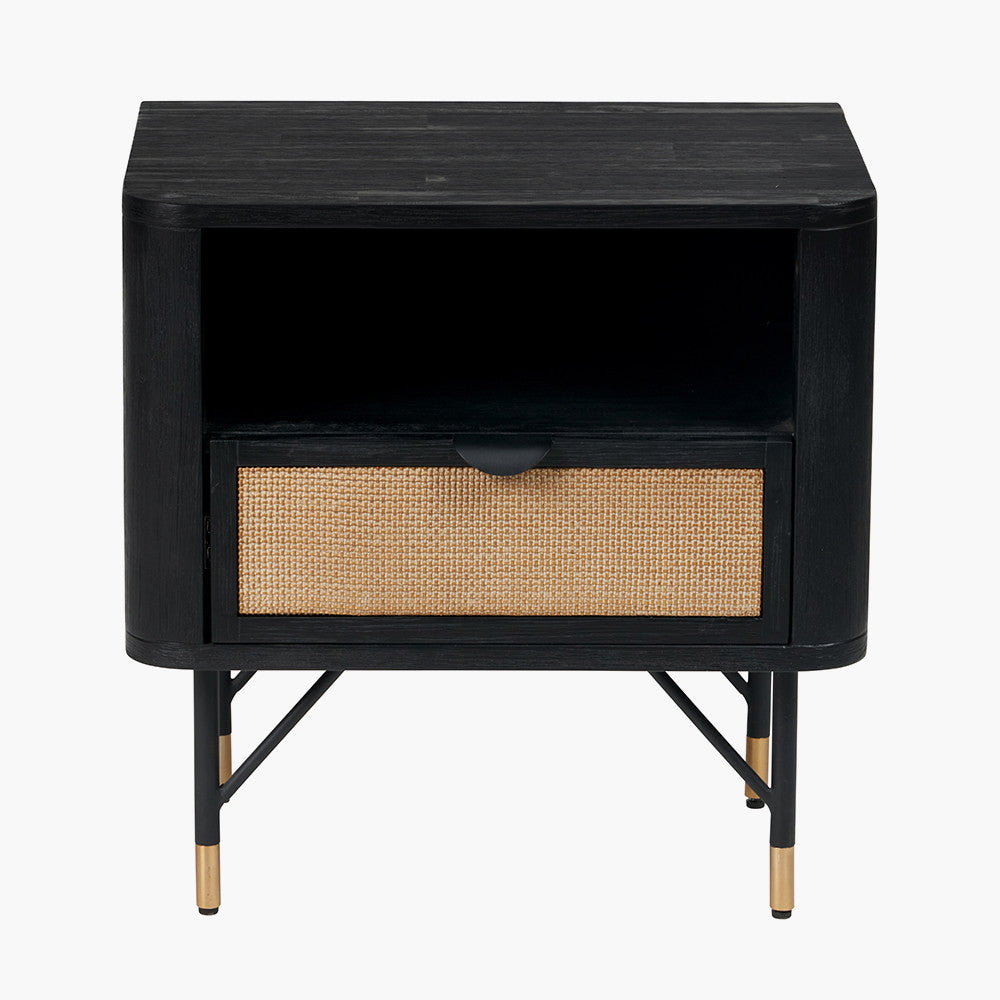Fiji Black Acacia & Rattan Bedside Table | 1 Drawer 1 Shelf Unit