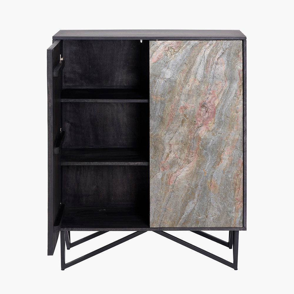 Verde Black Mango Wood Bar Cabinet | Stone Veneer Drinks Cabinet