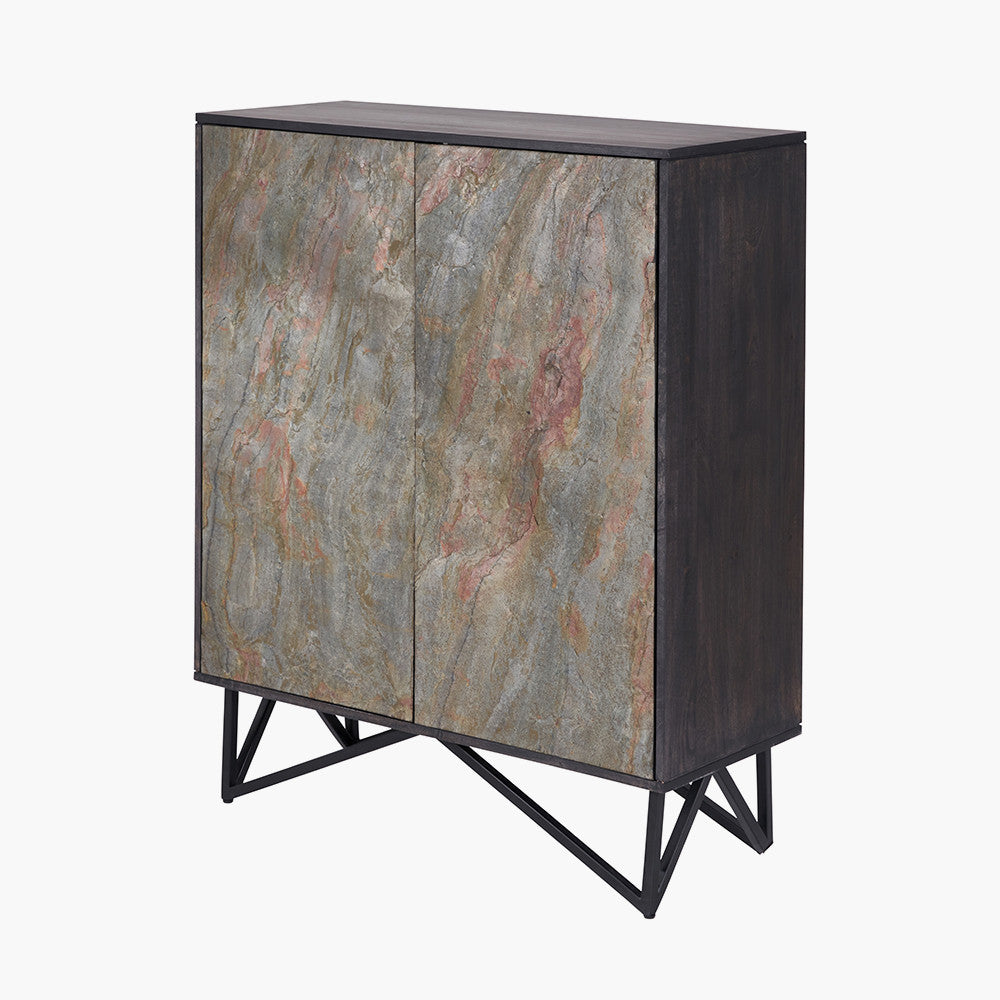 Verde Black Mango Wood Bar Cabinet | Stone Veneer Drinks Cabinet