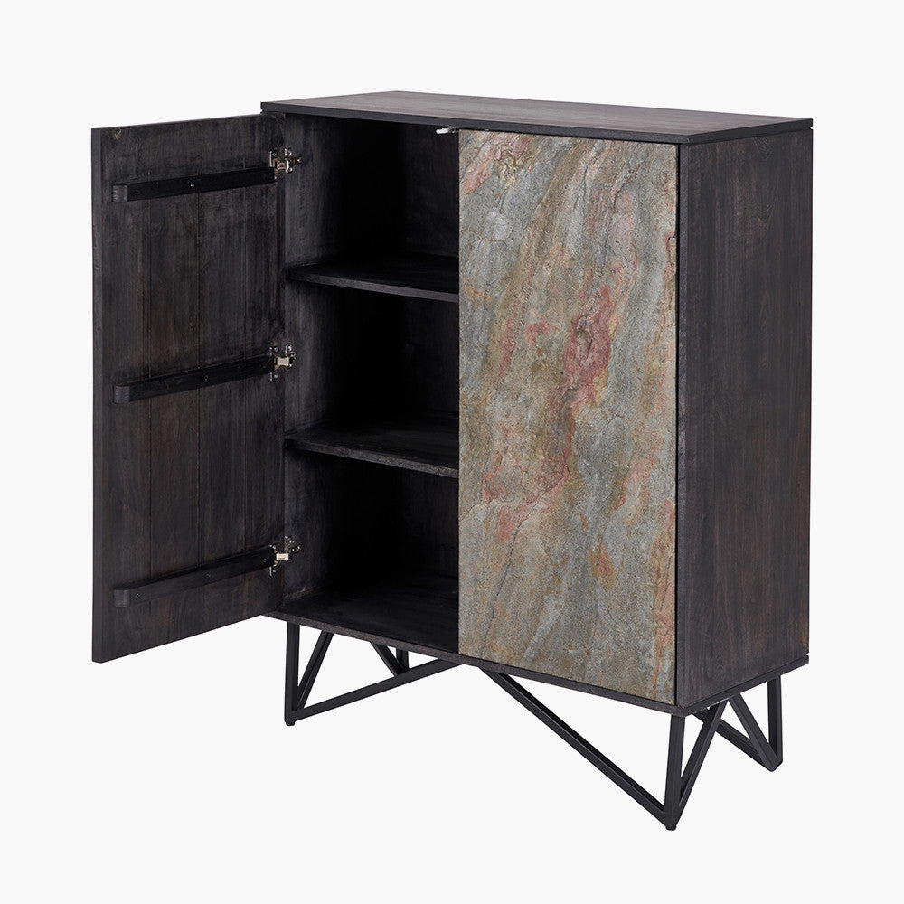Verde Black Mango Wood Bar Cabinet | Stone Veneer Drinks Cabinet