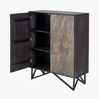 Verde Black Mango Wood Bar Cabinet | Stone Veneer Drinks Cabinet