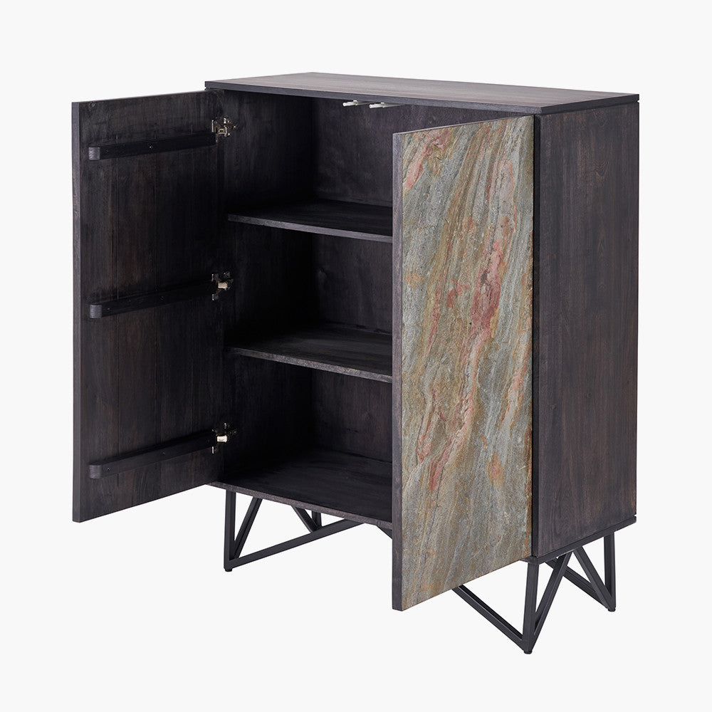 Verde Black Mango Wood Bar Cabinet | Stone Veneer Drinks Cabinet