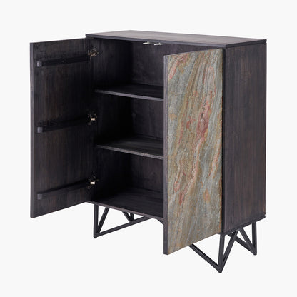 Verde Black Mango Wood Bar Cabinet | Stone Veneer Drinks Cabinet