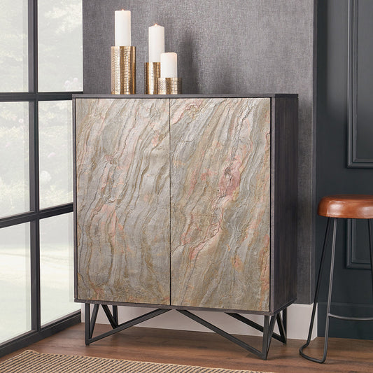 Verde Black Mango Wood Bar Cabinet | Stone Veneer Drinks Cabinet