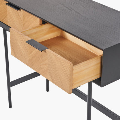 Perfect for hallways, living rooms or dining areas, the Hailee Black and Natural Chevron Console Table with striking chevron-effect front. W100xD38xH80cm. Shop online today at www.nobleandnook.co.uk