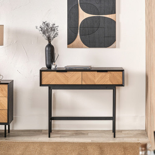 Perfect for hallways, living rooms or dining areas, the Hailee Black and Natural Chevron Console Table with striking chevron-effect front. W100xD38xH80cm. Shop online today at www.nobleandnook.co.uk