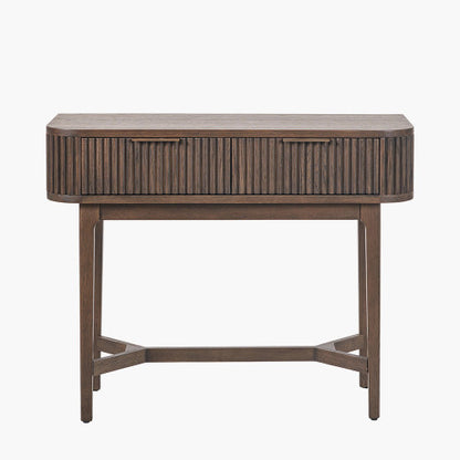 Shop the Raie Console Table with Ribbed Wood Detailing with two spacious drawers. High-quality construction. Dimensions W100xD38xH80cm. Shop online to day at www.nobleandnook.co.uk