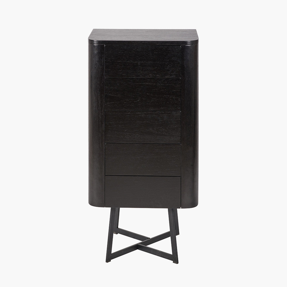 Ukiah Black Ash Veneer and Black Metal 5 Drawer Tall Unit