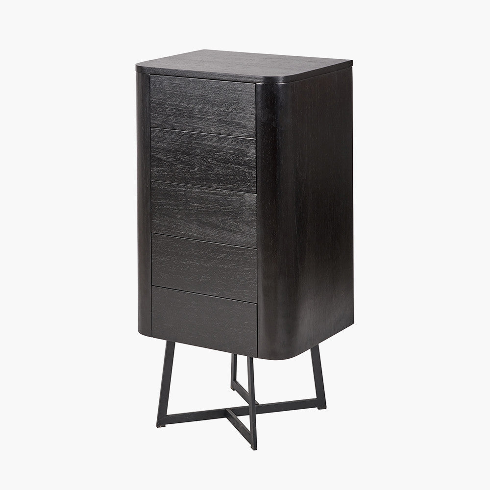 Ukiah Black Ash Veneer and Black Metal 5 Drawer Tall Unit