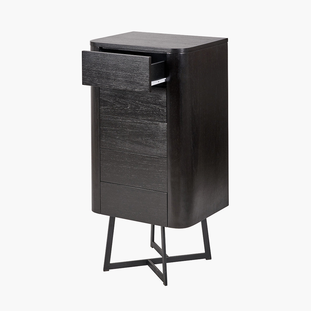 Ukiah Black Ash Veneer and Black Metal 5 Drawer Tall Unit