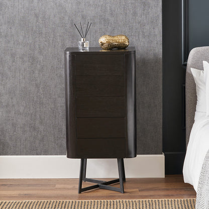 Ukiah Black Ash Veneer and Black Metal 5 Drawer Tall Unit