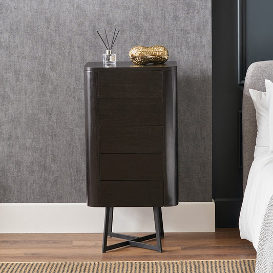 Ukiah Black Ash Veneer and Black Metal 5 Drawer Tall Unit