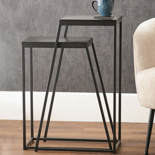 Mashiko Set of 2 Black Ash Veneer & Black Metal Side Tables