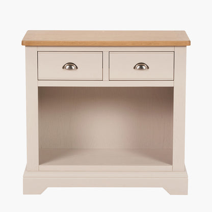 Add timeless country cottage charm to your home with the Fairford 2-Drawer Console Table. Crafted from pine wood with a parchment-white finish and oak-effect top, this elegant table offers practical storage and arrives fully assembled.