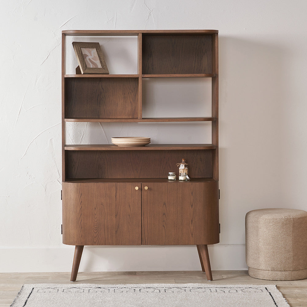 Elias Dark Ash Wood Retro 2 Door, 6 Niche Shelf Unit