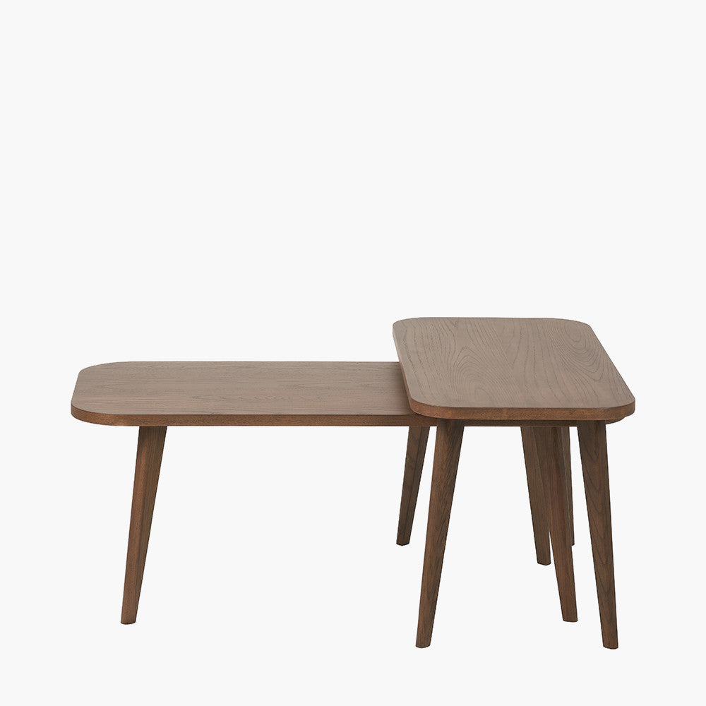 Close up of dark ash wood grain on nesting coffee tables