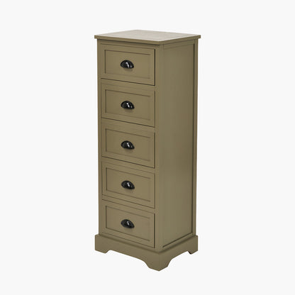 Olive Green cabinet with five drawers on a white background
