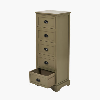 Olive Green tall narrow dresser with four drawers on a white background