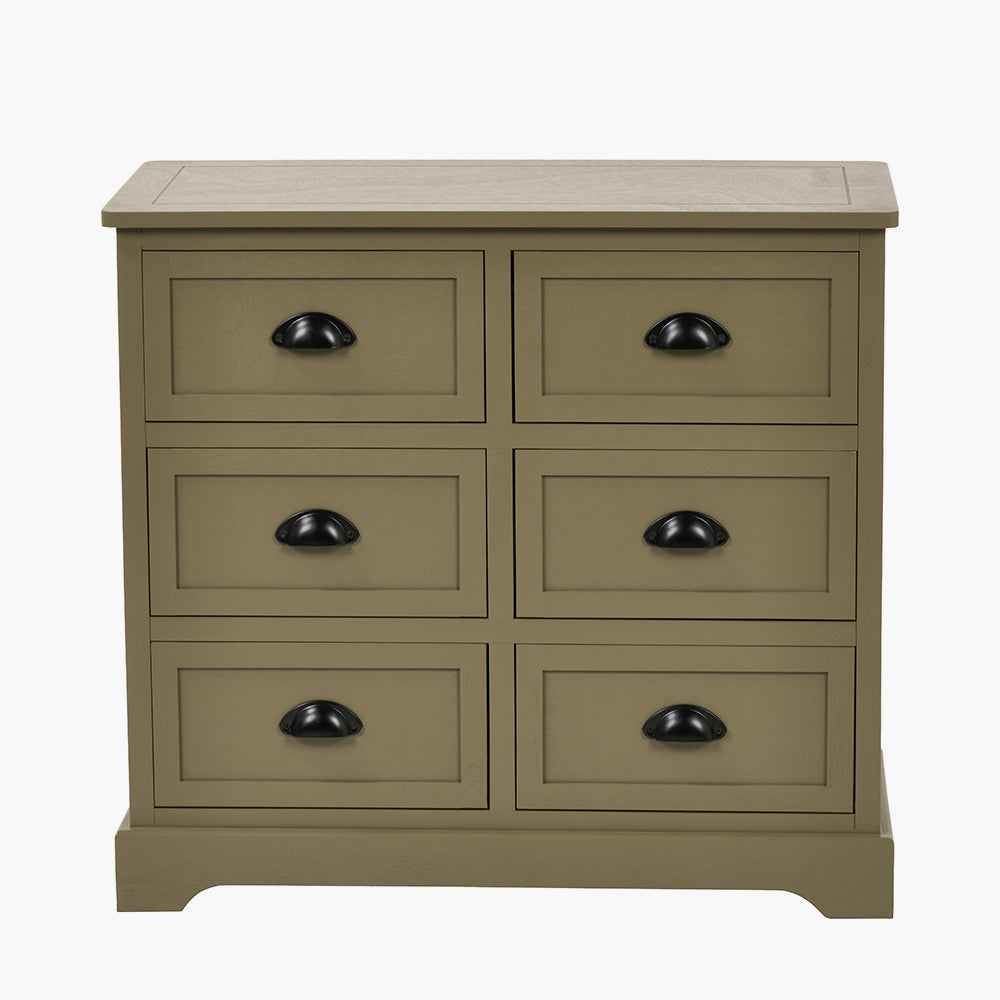 Beige dresser with six drawers and black handles on a white background