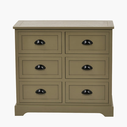 Beige dresser with six drawers and black handles on a white background